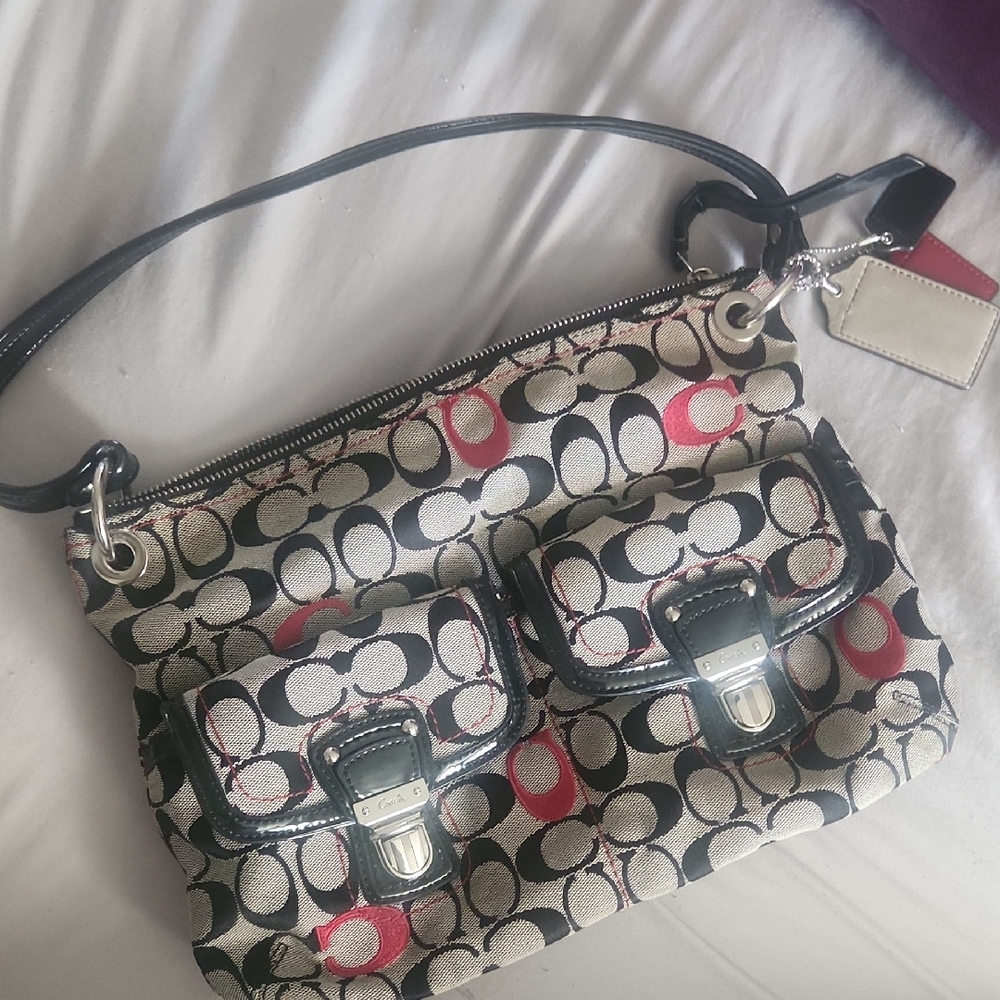 VINTAGE Coach Signature Canvas Shoulder Bag - Black and Red
